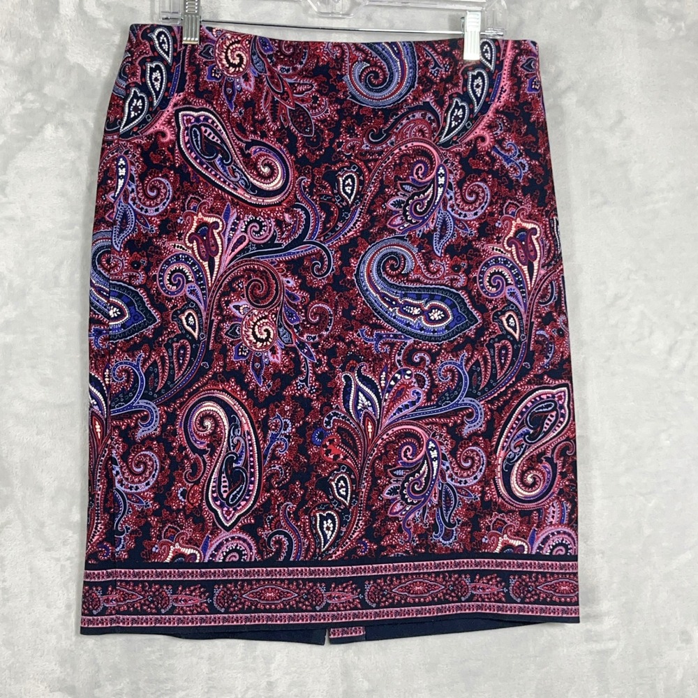 Talbots Womens Pencil Midi‎ Skirt 10 Navy Burgundy Paisley Stretch Lined Career